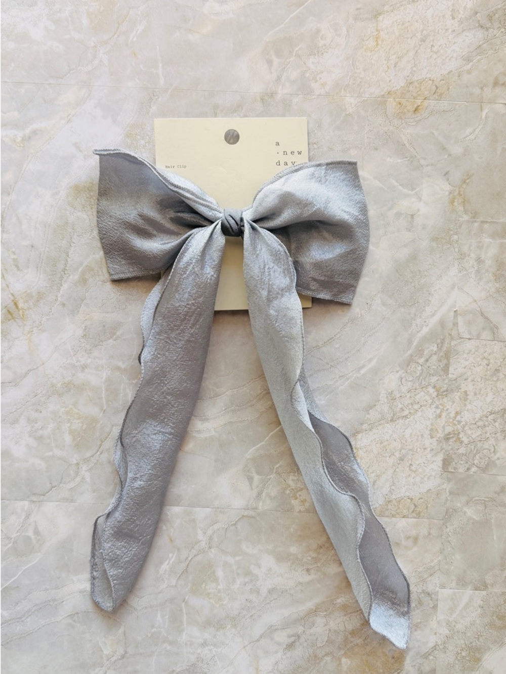 A New Day Silver Satin Bow Hair Clip Long Tail Barrette New